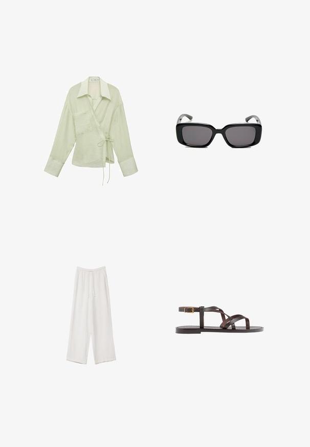 Svetlozelená košeľa s dlhými rukávmi, golierom, jednou náprsnou vreckom a viazaním v páse. Jemná, textúrovaná tkanina.; Biele široké nohavice vyrobené z ľahkej tkaniny. Obsahujú elastický pás so sťahovacou šnúrkou a bočné vrecká. Hladká textúra.; Hnedé kožené sandály s krížovými popruhmi, uzatváraním na pracku okolo členku a plochou podrážkou s minimálnymi ševmi.; Čierne obdĺžnikové slnečné okuliare s tmavými sklami, hladkým plastovým rámom a zakrivenými stranami. Dizajn je robustný s minimalistickou estetikou.