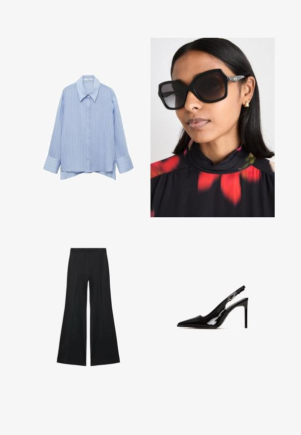 Svijetloplava košulja dugih rukava s uzorkom pruga, klasičnom kragnom i mekim materijalom blago teksturiranog izgleda.; Crne široke hlače s glatkom teksturom, koje imaju prednje nabore i kroj po mjeri. Tkanina je lagana i lepršava.; Crne lakirane kožne sandale s potpeticom s izrezom i šiljatim nosom. Imaju potpeticu u obliku stilettoa i prilagodljivu traku s metalnim dijelovima.; Crne oversized sunčane naočale s geometrijskim okvirom, tamno zatamnjenim staklima i zlatnim akcentima, uparene s bluzom s cvjetnim uzorkom i visokim ovratnikom.