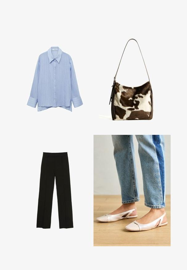 Hellblaues Button-up-Hemd mit einem Ringelmuster, langen Ärmeln und einem klassischen Kragen. Weicher Stoff mit einer leicht strukturierten Oberfläche.; Schwarze weit geschnittene Hosen aus glattem Stoff, ausgestattet mit einem taillierten Bund und dezenten vorderen Falten für zusätzliche Struktur.; Blassrosa Slingback-Ballerinas mit spitzem Punkt, aus einem glatten, lederähnlichen Material. Mit Ausschnitten an den Seiten und einem flachen Absatz.; Braune und cremefarbene Kuhhaut-Umhängetasche mit einem glatten Ledertrageriemen, Reißverschluss und einer weichen, strukturierten Oberfläche mit einem natürlichen Muster.