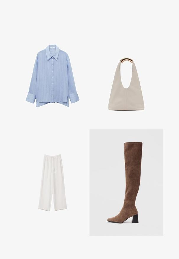 Vaalean sininen napillinen paita, jossa on railakas kuvio, pitkät hihat ja klassinen kaulus. Pehmeä kangas, jossa on hieman strukturoitu pinta.; Valkoiset leveälahkeiset housut kevyestä kankaasta. Ominaisuuksiin kuuluu elastinen vyötärö, jossa on nauhakuuluma ja sivutaskut. Sileä rakenne.; Sukkapituiset ruskeat saappaat pehmeästä mokasta, joissa on teräväkärkinen muotoilu ja jykevä musta korko. Suunnittelussa on saumaton ompelu, joka antaa tyylikkään ilmeen.; Vaalea harmaa nahkalaukku, jossa on U-muotoinen muotoilu ja kaareva metallikahva. Suora pinta, jossa on minimaalinen ompelu ja ei näkyviä kuvioita.