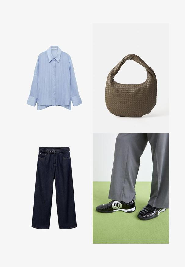 Svetlo modra srajca z gumbki, ki ima vzorec z drobnimi črtami, dolge rokave in klasičen ovratnik. Mehak material z nekoliko teksturirano površino.; Temno modri široki traper hlače. Imajo pas z zaponko in več gumbi, sprednja žepa ter čisto obdelane robove.; Črne patenten usnjeni športni copati z srebrnim detajlom "90", s teksturirano površino in vezalkami, v kombinaciji z sivimi širokimi hlačami.; Tkanina olivno zelena torba z okroglo obliko in zvitim ročajem. Tekstura površine vsebuje diagonalni vzorec. Zadrga za zapiranje.