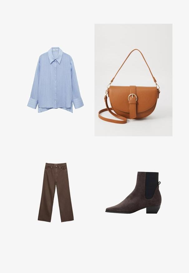 Lichtblauwe button-up shirt met een gestreept patroon, lange mouwen en een klassieke kraag. Zachte stof met een licht gestructureerde afwerking.; Brede bruine spijkerbroek van denim, met een hoge taille, voorzakken en een klassieke knoopsluiting. Soepele textuur met subtiele stiksels.; Donkergrijze suède enkellaars met een spitse neus, elastische zijkanten en een kleine blokhak. Beschikt over een instaplusje aan de achterkant.; Bruine leren schoudertas met een gebogen vorm, gouden hardware en een gespaccent. Bevat een afneembare schouderriem.