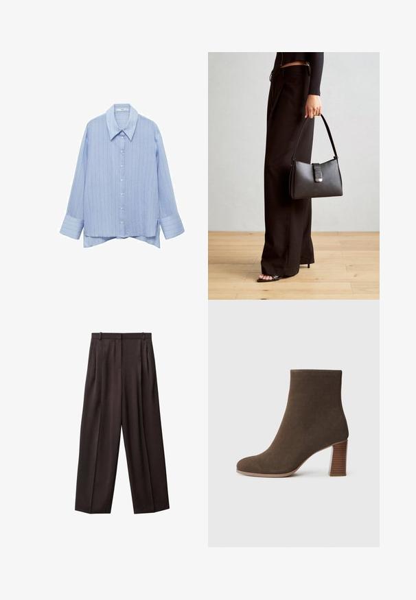 Cămașă cu butoni de culoare albastru deschis, având un model cu dungi subțiri, mâneci lungi și guler clasic. Material moale cu un finisaj ușor texturat.; Pantaloni largi din stofă de culoare maro închis. Caracteristicile includ pliuri în față, un tiv cu bucle pentru curea și buzunare laterale. Textură netedă.; Botine din suede maro, cu vârf rotunjit și toc texturat, stratificat. Exterior neted, fără închideri sau decorațiuni vizibile.; Genți negre cu o formă structurată, textură netedă și un închizător metalic. Asortată cu pantaloni negri largi și sandale cu vârf deschis pe un podea din lemn.