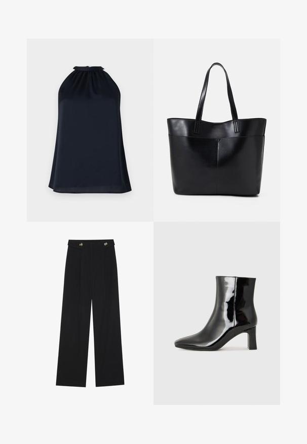Marineblå halterneck-topp laget av et glatt, lett stoff. Har en samlet halslinje og en subtil, flytende silhuett.; Svart vide bukser med høy midje, knappdetaljer på midjebåndet og frontplisser.; Sorte patentlær ankle boot med spiss tå og en mellomhøy blokkhelt. Glatt tekstur og minimalistisk design.; Svart lær toteveske med to lange håndtak, en glatt tekstur og en strukturert form. Har en frontlomme for ekstra oppbevaring.