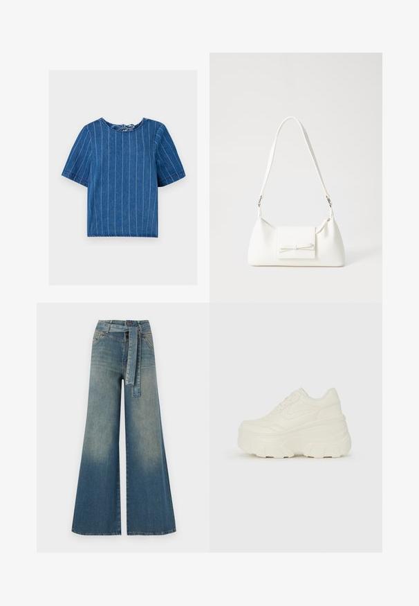 Mørkeblå denim topp med vertikale hvite striper, rund hals, korte ermer og knytedetalj på baksiden. Myk tekstur, uformelt design.; Bredde ben jeans med en lyseblå til mørkeblå gradient, høyt liv, beltehemper og et matchende belte i samme stoff. Teksturert denimoverflate.; Hvite plattformsnickers med en glatt læraktig overdel, avrundet form, polstret krage og teksturert gummisåle med tydelige dekk.; Hvit syntetisk håndveske med trekantet form, flat klaff foran og sløyfe detaljer, justerbar stropp, glatt tekstur og minimalistisk design.