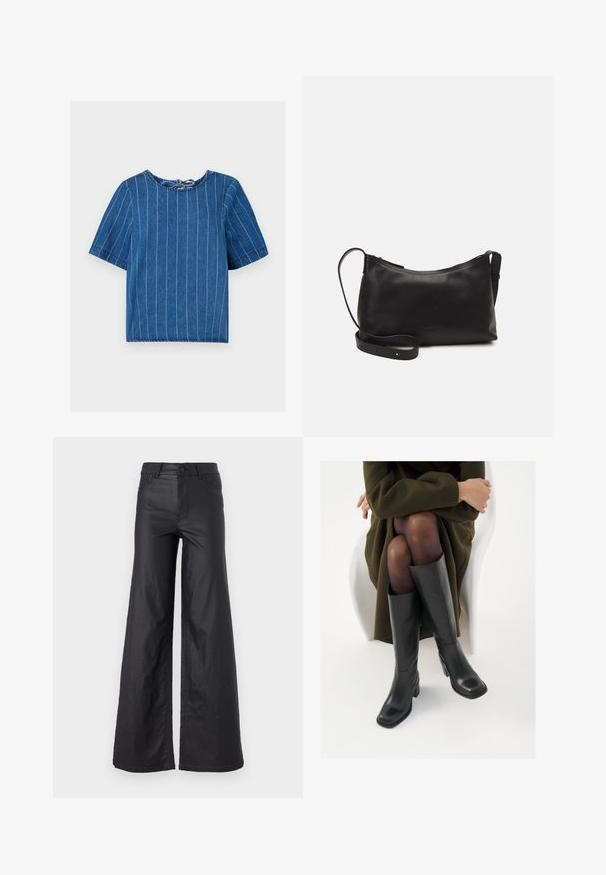 Denim top in dark blue with vertical white stripes, round neckline, short sleeves, and tie detail at the back. Soft texture, casual design.; Black, wide-leg pants in a faux leather material. Features a high waist, belt loops, two front pockets, and stitched detailing.; Knee-high black leather boots with a squared toe and block heel, shown with a model seated in an olive green coat. Smooth texture, minimal detailing.; Black leather shoulder bag with a smooth texture, curved shape, adjustable strap, and a zip closure. Minimalist design without embellishments.