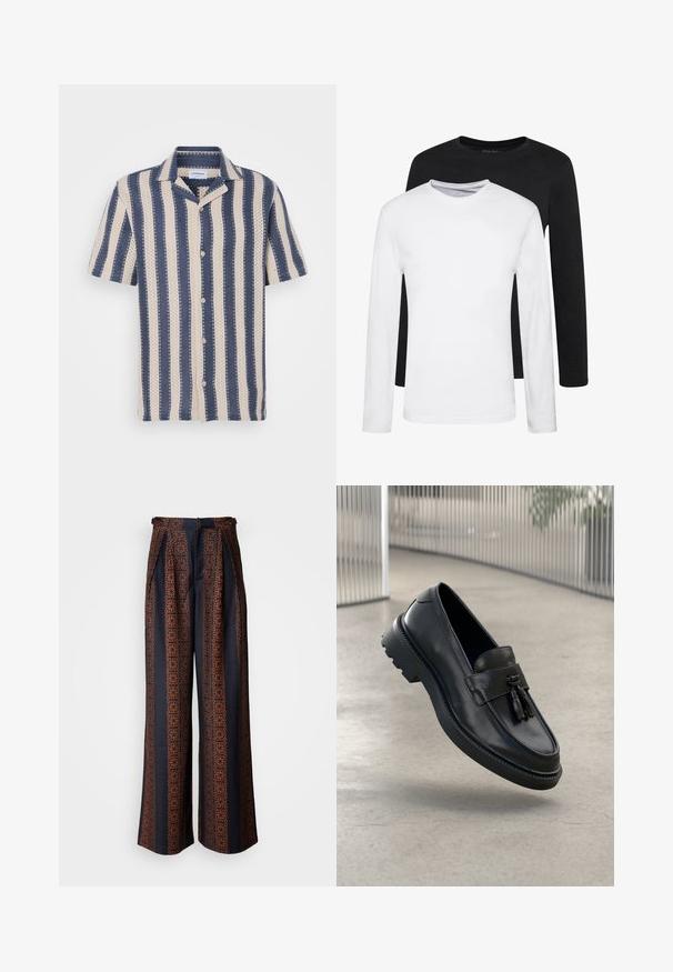 Kratki rukavi s uzorkom pruga u mornarsko plavoj i krem boji, s ovratnikom i kopčanjem na gumb, izrađen od prozračnog materijala.; Dva majice dugih rukava, jedna crna i jedna bijela, izrađene od pamuka s okruglim izrezom i glatkom teksturom, prikazane u složenom aranžmanu.; Hlače širokih nogavica od tamnoplavog platna s složenim narančastim geometrijskim uzorkom, s naboranim prednjim dijelom i prizmom struka.; Crne kožne mokasinke s glatkim završetkom, ukrasnom resom, debelim gumenim đonom i ušivenim detaljima. Lagan i elegantan dizajn.