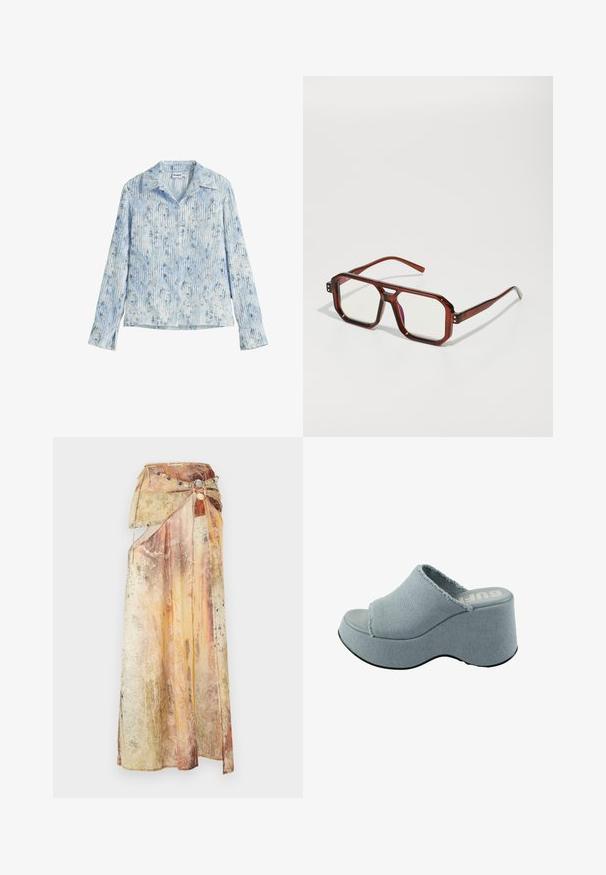 Lett, langærmet skjorte i lyseblå med lodrette striber og blomsterprint. Har en klippet krave og knaplukning.; Lang, draperet nederdel lavet af lagdelt, tekstureret stof i varme nuancer af gul, orange og brun. Har et dekorativt perlekæde.; Lyseblå platform slide sandal med fransede tekstiloverdel, åben tå design, tyk, rund sål og tekstureret grå ydersål.; Brune gennemsigtige oversized briller med rektangulære linser og slanke stænger. Skrå, let afrundede hjørner og synlige hardware-detaljer.