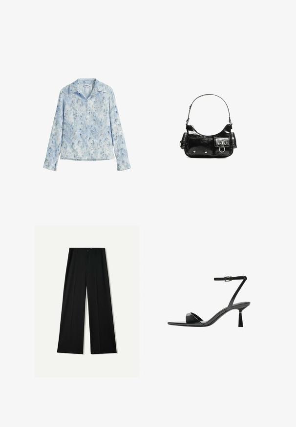 Lichtgewicht, langslievend blouse in lichtblauw met verticale strepen en bloemenpatronen. Heeft een notch-kraag en knoopsluiting.; Bershka WIDE - Broek - black; Bershka Sandalen met hoge hak - black; Zwarte laarzen in lakleer met een gebogen vorm, één schouderband, voorvakken en accenten in zilverkleurig metaal.