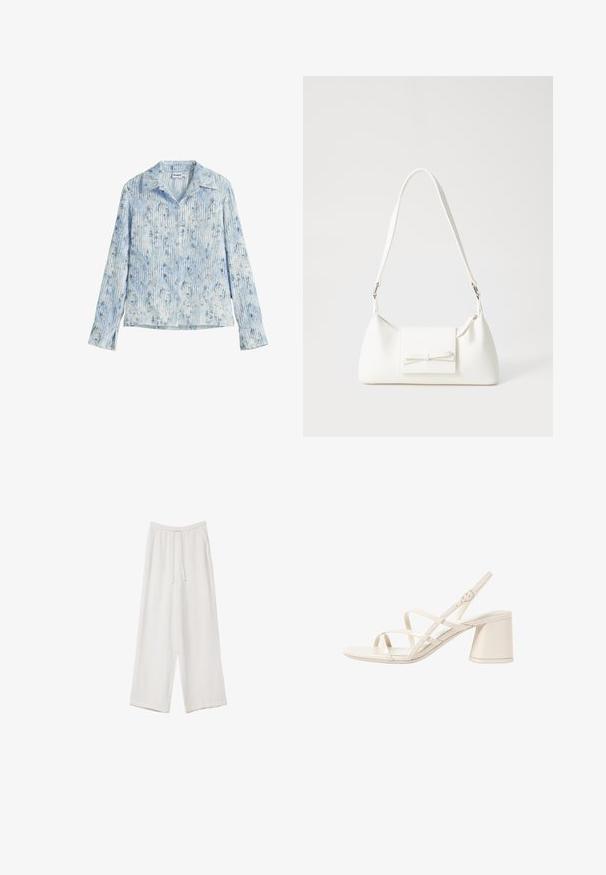 Plava košulja dugih rukava s laganim cvjetnim uzorkom i okomitim potezima kista, kopčom na gumbe sprijeda i klasičnim ovratnikom. Lagani materijal.; Bijele hlače širokih nogavica napravljene od lagane tkanine. Imaju elastičan pojas s ušicom i bočne džepove. Glatka tekstura.; Bežne sandale s petom u bež boji s tankim, ukrštenim trakama, otvorenim nožnim prstima i kvadratnim blok petom. Glatki patentirani finiš, podesiva remenica oko gležnja.; Bijela sintetička torbica s trokutastim oblikom, ravnim prednjim poklopcem i detaljem u obliku mašne, podesivom remenom, glatkom teksturom i minimalističkim dizajnom.