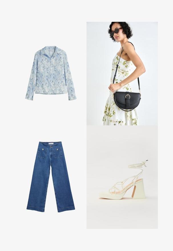 Leichte, langärmelige Bluse in Hellblau mit vertikalen Streifen und floralen Mustern. Mit einem Ausschnittkragen und Knopfverschluss.; Denim-Hosen im weiten Schnitt mit einer mittleren blauen Waschung, zwei Vordertaschen mit Knopfverschluss und genähten Details entlang der Säume.; Weiße High-Heel-Sandale mit einem klobigen Absatz, die über ein Riemchendesign und ein Knöchelband verfügt. Glatte Textur mit einer Plattform vorne für zusätzliche Höhe.; Schwarze Lederhandtasche mit geschwungener Form, abnehmbarem Tragegurt und goldenen Beschlägen. Die Tasche verfügt über einen Deckel mit einer Schnallen-Details.