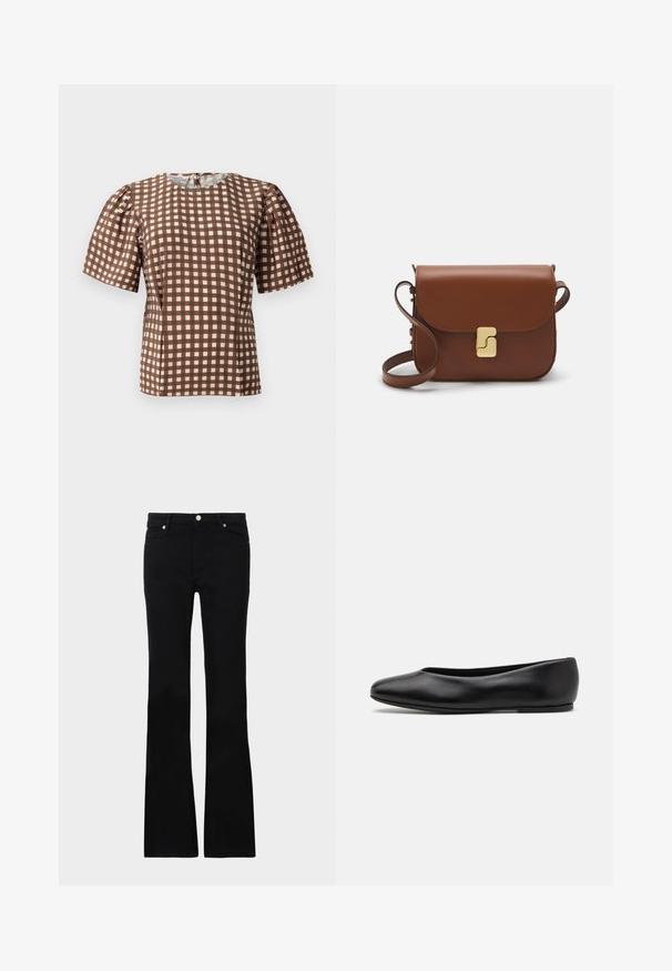 Brown and white checker patterned top with short puff sleeves and a round neckline. Features a zipper at the back and smooth fabric texture.; Black flared jeans made of denim, featuring two front pockets, a button closure, and a smooth texture. Signature stitching visible at seams.; Paul Smith TOPANGA - Ballet pumps - black; Brown leather handbag with a flap closure, gold-tone hardware, a shoulder strap, and a smooth texture. Compact rectangular shape.