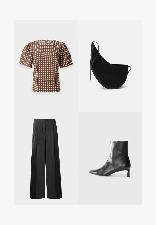 Pruun ja valge ruuduline top, lühikeste puffvarrukatega ja ümmarguse kaelusega. Tagaküljel on lukk ja sile kangastekstuuri.; Mustad laiad püksid kõrge vöökohaga, millel on ees voldid, sile tekstuur ja õmmeldud viimistlus. Kujundatud lõdva istuvuse saavutamiseks.; Mustad mustall nahkasaabas terava nina ja stiilse disainiga. Omab madalat konts ja luku sulgemist taga. Sile tekstuur.; Mustmust mustraha, millel on kaarjas kuu kuju, õhukese rihmaga ja peene kuldse brändinguga ees. Sile tekstuur koos minimaalseteDetailidega.