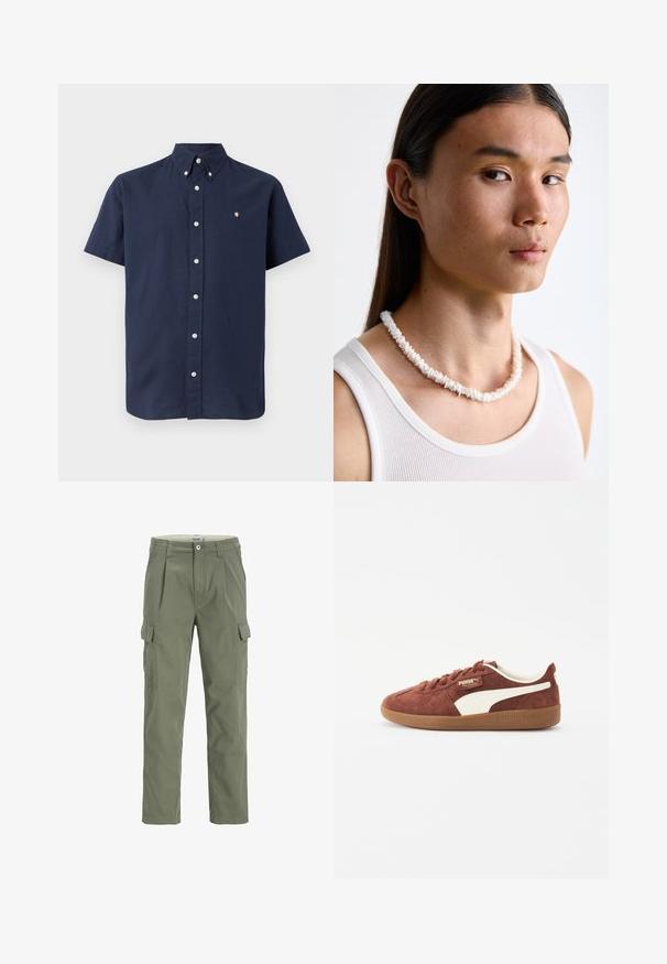 Kortermet marineblå skjorte laget av bomull, med knapper på kragen, frontknapper og en liten brodert logo på brystet.; Olivengrønne cargo-bukser med straight leg-design, to sidelommer og knappestenging. Laget av slitesterkt stoff med en glatt tekstur.; Mørkebrune mokasiner i suede med hvite lærdetaljer, rund tå, snøring og en tan fargede gummisåle. Merkevarelogo på siden og tungen.; Hvit skjellkjede bestående av uregelmessige former, båret over en tettsittende hvit tanktop. Glatt tekstur med subtil glans, tettsittende design.