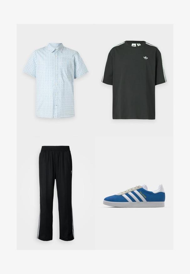 Short-sleeve button-up shirt in light blue with a square pattern. Made of fabric with a smooth texture and a single chest pocket.; Black cotton t-shirt with short sleeves, crew neckline, and white three-stripe detailing on shoulders. Features a small white logo on chest.; Black athletic pants with an elastic waistband, featuring white side stripes and a small logo. Material appears soft and lightweight.; adidas Originals ADIDAS GAZELLE SHOES - Indoor football boots - real madrid/bluebird/footwear white/crew yellow