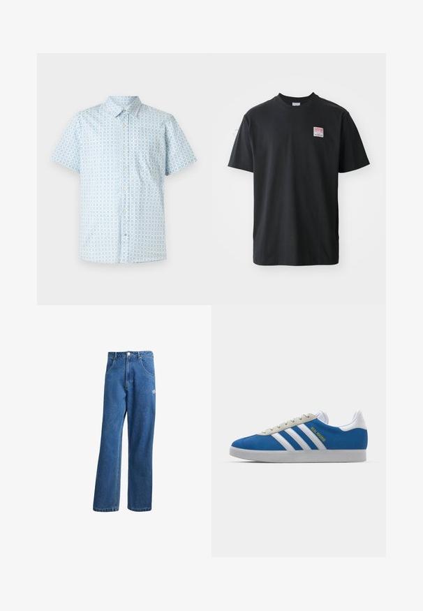 Kurzärmliges Hemd mit Knopfleiste in Hellblau mit einem quadratischen Muster. Hergestellt aus einem Stoff mit glatter Textur und einer einzigen Brusttasche.; Schwarzes Baumwoll-T-Shirt mit Rundhalsausschnitt, kurzen Ärmeln und einem kleinen farbigen Etikett auf der linken Brust, das das Wort "SUPERIOR" zeigt.; Blaue hohe, weite Jeans mit Fronttaschen, Gürtelschlaufen, Knopfverschluss und kleinem Adidas-Logo am rechten Oberschenkel.; adidas Originals ADIDAS GAZELLE SHOES - Indoor-Fußballschuhe - real madrid/bluebird/footwear white/crew yellow