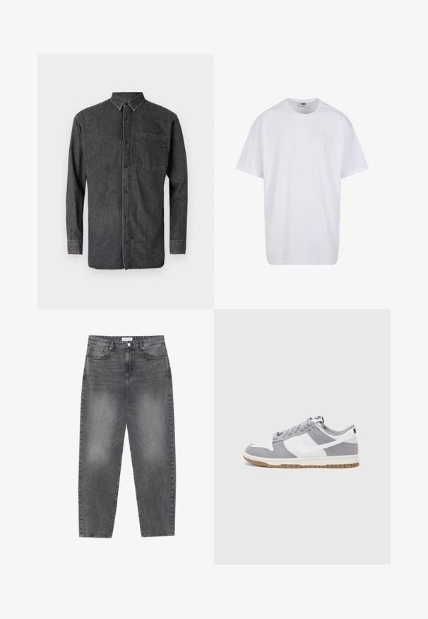 Tumehall denimist valmistatud nööbitav särk, millel on pikad varrukad, krae ja rinnakott koos kulunud tekstuuri ning kontrastsete õmblustehnikate detailidega.; Valge puuvillane t-särk lühikeste varrukatega, ümmarguse kaelusega, lõdva lõikega ja ilma nähtavate logodeta või mustriteta. Sile tekstuur ja minimaalne disain.; Kõrgema vöökohtadega, lõdva lõikega teksad, mis on valmistatud tuhmist mustast denimist. Selles on viis taskut, traksid ja puhas, sirge säärelõige.; Halli ja valge tennis鞋, millel on nubuk- ja nahkdetailid, ümar varvas, lamedad nöörid ning kummist tald, millel on kola aktsent.