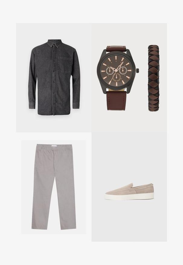 Camisa abotoada em denim cinza escuro, com mangas longas, colarinho e um bolso no peito com textura desbotada e detalhes de costura em contraste.; Calças de algodão cinza claro com faixa elástica na cintura, dois bolsos laterais, design de perna reta e uma textura suave. Detalhe de costura simples.; Sapatilhas em camurça bege, tipo slip-on, com uma textura suave, bico arredondado e sola de borracha branca. Apresenta costura simples ao longo do lado superior.; Pier One SET - Relógio - black/brown