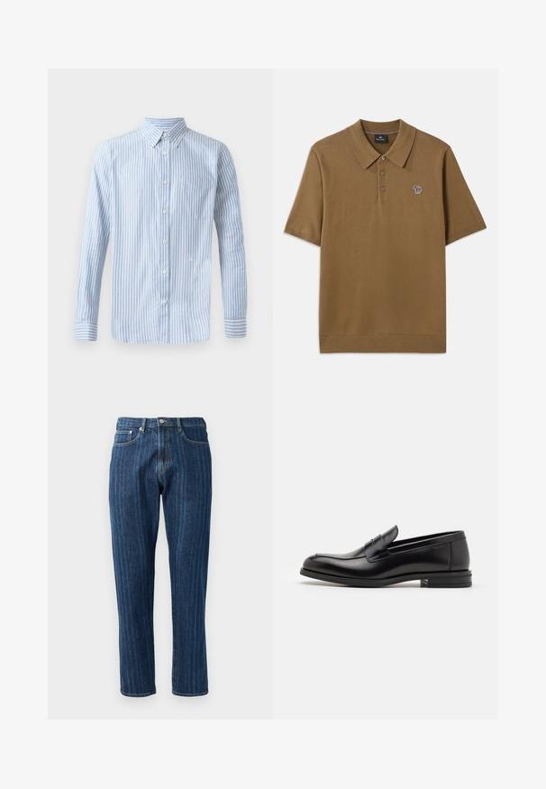Šviesiai mėlynas mygtukų užsegimo marškiniai su vertikaliomis baltomis juostelėmis, ilgomis rankovėmis ir krūtinės kišene. Apatinėje dalyje yra mažas logotipas.; Rudas polo marškinėliai pagaminti iš minkštos medžiagos su išlenktu apykakle, trimis mygtukais ir mažu daugiarūšiu juostelių arkliuko logotipu ant krūtinės.; Tamsiai mėlyni džinsai su tiesiomis klešnėmis, matomu siuvimu, penkių kišenių dizainu ir mygtuko užtrauktuku juosmenyje.; Juodos odinės loafers, turinčios lygų paviršių, apvalią noselę ir dekoratyvinę juostą per priekinę dalį. Žemas krentantis kulnas, minimalistinis dizainas.