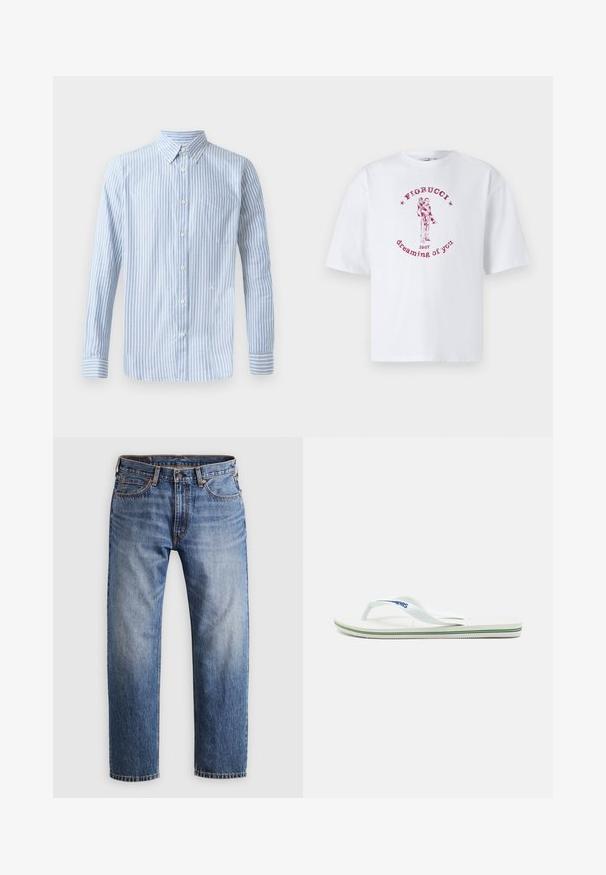 Šviesiai mėlynas mygtukų užsegimo marškiniai su vertikaliomis baltomis juostelėmis, ilgomis rankovėmis ir krūtinės kišene. Apatinėje dalyje yra mažas logotipas.; Balta medvilninė marškinėlių su raudonu grafiniu piešiniu, vaizduojančiu porą, ir tekstu "Fiorucci 1967 dreaming of you" apskritime.; Tiesios kojų mėlynos džinsinės kelnės su mygtuko ir užtrauktuko uždarymu, penkiomis kišenėmis ir oranžinėmis siūlėmis šviesiai pilkame fone.; Baltos šlepetės su tekstūruotu padu, plonais dirželiais ir daugiaspalve akcento juosta ant pado. Ant dirželio yra logotipas.