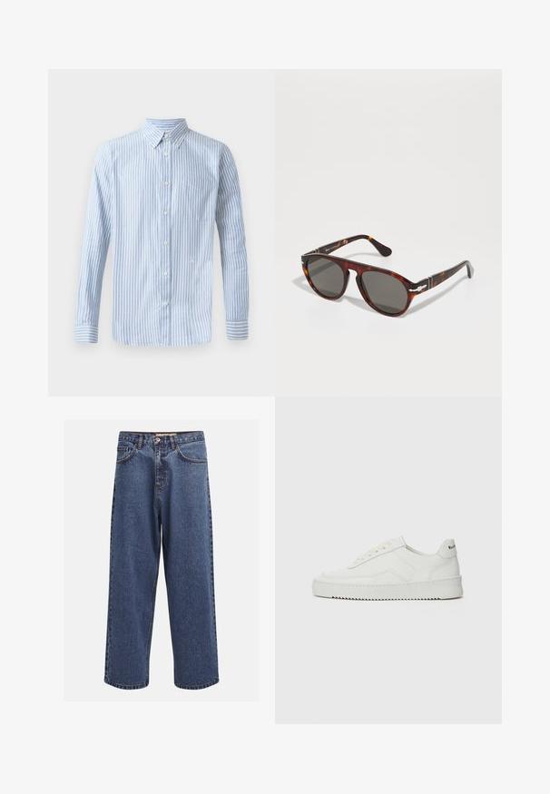 Maglietta azzurra chiara con colletto a camicia, a righe verticali bianche, maniche lunghe e taschino sul petto. Presenta un piccolo logo nella parte inferiore.; Jeans in denim blu a gamba larga con finitura sbiadita, dotati di chiusura a bottoni, cinque tasche e cuciture in contrasto lungo le cuciture.; Sneaker in pelle bianca con una finitura liscia, punta rotonda, lacci piatti e suola testurizzata. Presenta un logo discreto sul tallone.; Occhiali da sole tartarugati con lenti grigie. Montatura in plastica liscia, forma rotonda, accenti in metallo sulle stanghette. Superficie riflettente alla luce.