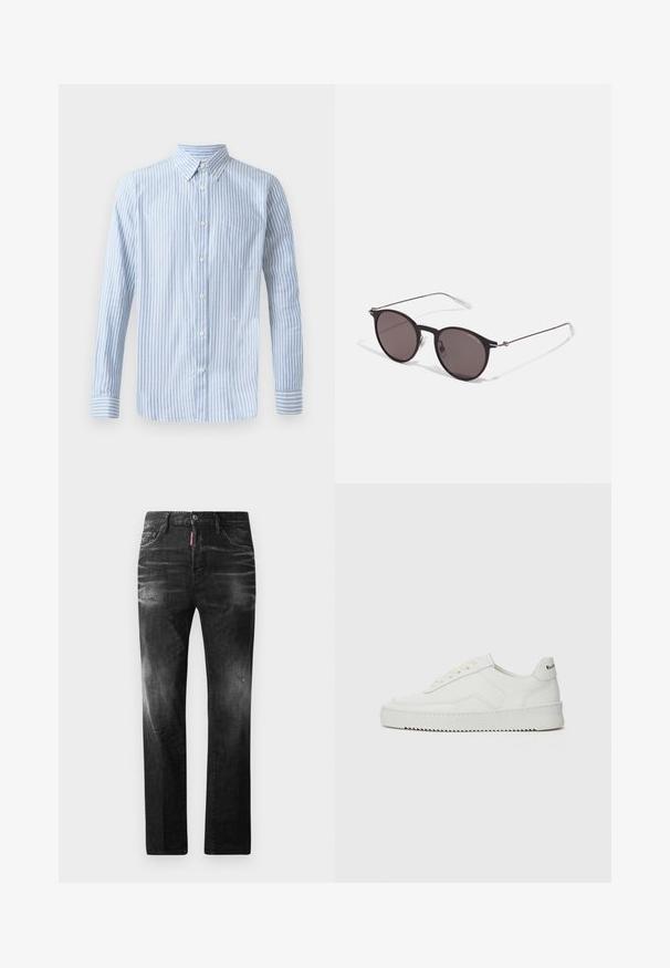 Vaaleansininen napillinen paita, jossa on pystysuorat valkoiset raidat, pitkät hihnat ja rintatasku. Alareunassa on pieni logo.; Mustat denimfarkut suoralla istuvuudella. Ominaisuuksiin kuuluu haalistuneita alueita, pieniä kulumia, klassinen viiden taskun malli sekä nappisulku.; Valkoinen nahkakenkä, jossa on sileä pinta, pyöreä kärki, tasaiset nauhat ja teksturoitu pohja. Sisältää huomaamattoman logon kantapäässä.; Musta pyöreä aurinkolasit tummilla linsseillä ja kapeilla metallikehyksillä. Sisältää kirkkaat temppelet ja hopeiset yksityiskohdat saranassa. Minimalistinen muotoilu.