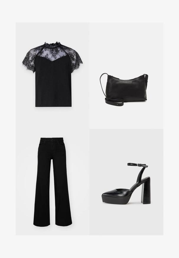 JDY LION - Blouse - black; Black wide-leg pants made of denim, featuring a structured waistband, belt loops, and front pockets. Smooth texture with a classic design.; Black platform heels with a pointed toe and adjustable ankle strap. Constructed from smooth leather, featuring a chunky block heel.; Black leather shoulder bag with a smooth texture, curved shape, adjustable strap, and a zip closure. Minimalist design without embellishments.