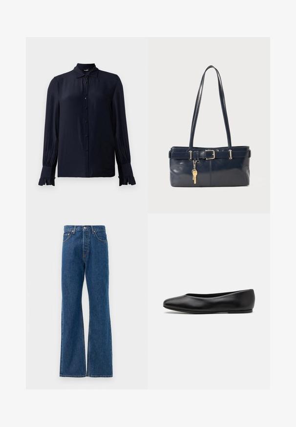 Blusa azul marino hecha de tejido suave, con cuello puntiagudo, frente abotonado y puños con volantes. Mangas largas con ligera frunces.; Vaqueros acampanados de mezclilla azul con alta cintura, que cuentan con cinco bolsillos, un cierre de botón plateado y costuras visibles.; Paul Smith TOPANGA - Bailarinas - black; Bolso de mano de cuero navy con dos asas largas, un detalle de hebilla y un llavero adjunto. Presenta una textura suave y una forma rectangular.