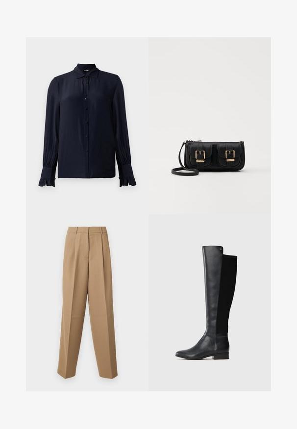 Sirmi zila blūze no gludas auduma, ar norādīto apkakli, pogu aizdari priekšā un viļņotām aprocēm. Garas piedurknes ar nelielu sakumu.; Bēšas stilīgas bikses ar augstu jostasvietu, kroku priekšpusi un platām kājām. Audums izskatās gluds ar vieglu spīdumu.; Melnas ceļgala augstuma ādas zābaki ar elastīgu auduma aizmugures paneļa, zemu blokveida papēdi un mazu metāla zīmola logo tuvu augšējai malai.; Melnas ādas crossbody soma ar divām priekšējām kabatām, zelta sprādzēm, ar rāvējslēdzēju aizdari un šauru siksnu. Strukturēta virsma un kompakta taisnstūra forma.