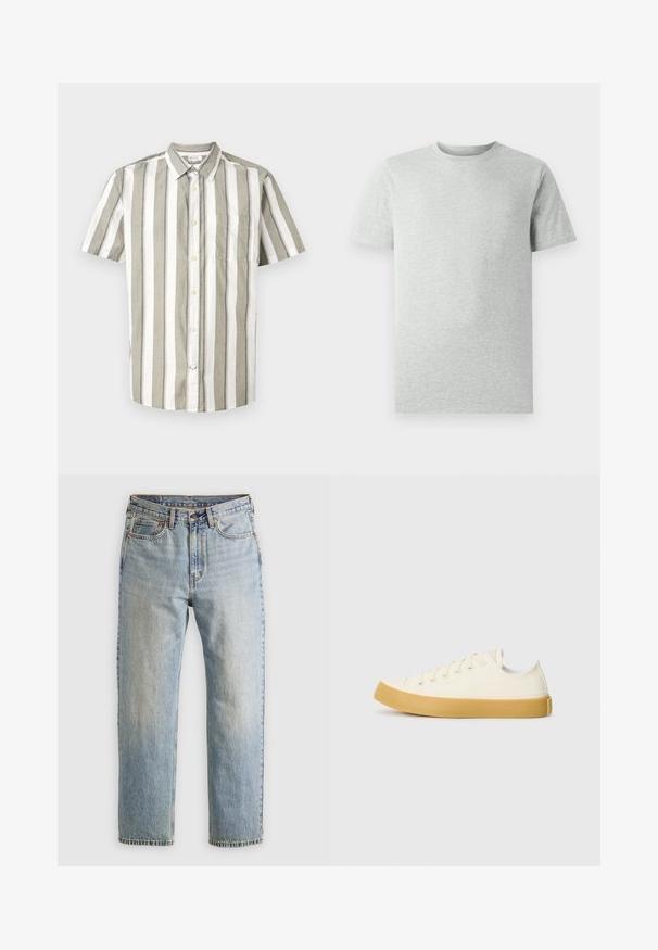 Kurzarm-Hemd mit Knopfleiste in hellbeige mit weißen Streifen, mit einer Tasche, aus einem leichten Stoff, mit einem kragenlosen Kragen.; Ein einfarbiges, hellgraues T-Shirt mit kurzen Ärmeln und Rundhalsausschnitt, auf einem weißen Hintergrund, Frontansicht, ohne sichtbare Logos oder Designs.; Helle blaue Jeans mit hoher Taille, Frontknopf, Reißverschluss und fünf Taschen-Design, flach auf einem neutralen Hintergrund ausgelegt.; Leinensneaker in Off-White mit runder Zehenpartie, ausgestattet mit beigen Gummisohlen und fünf Ösen für Schnürsenkel, mit strukturiertem Finish auf dem Obermaterial.