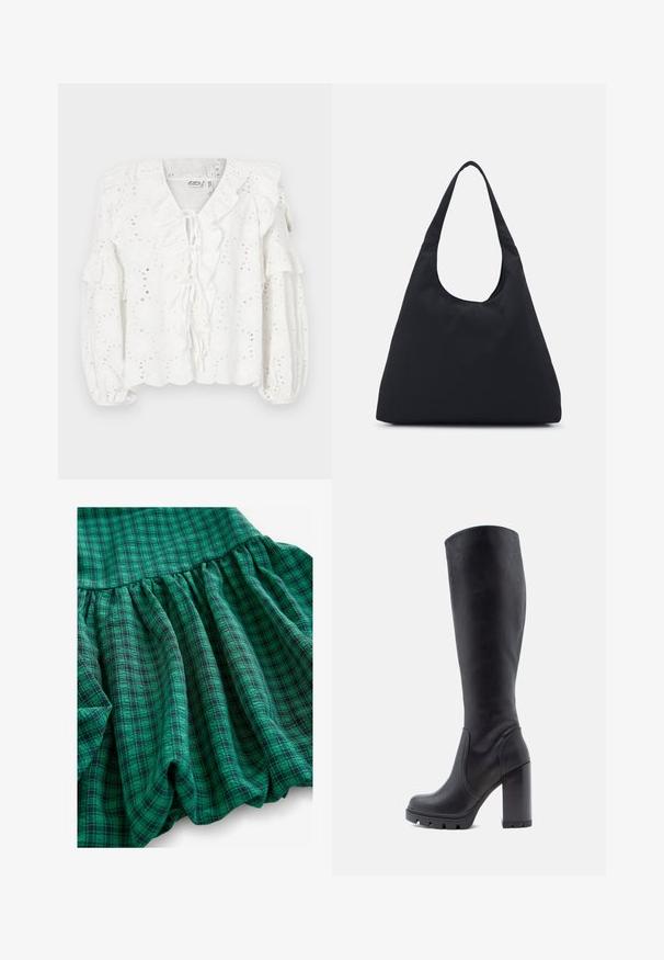 Bílá blůza s koutkovou látkou, volánkovým výstřihem a rukávy. Má šněrování vpředu a texturovaný povrch.; Zelená kostkovaná látka se vyznačuje různými odstíny, nabranou strukturou a volánkovým lemem. Materiál vypadá prodyšně a lehce.; Černé kozačky po kolena, hladká kožená materiál, robustní podpatek, zaoblená špička, texturovaná podrážka s gripem, elegantní design bez ozdob.; Černá textilní taška s jedním širokým ramenním popruhem. Měkký, polosunkční tvar a hladký povrch; minimalistický design, bez viditelného kovového hardware.