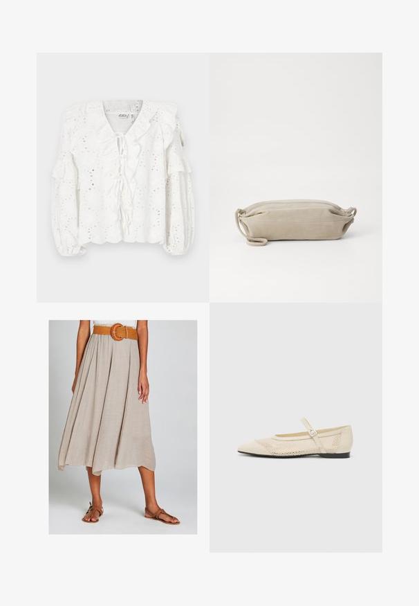 Camicetta bianca in tessuto eyelet, con scollatura arricciata e maniche. Presenta una chiusura a lacci sul davanti e una finitura testurizzata.; Gonna midi beige a linea A realizzata in tessuto testurizzato, dotata di una cintura arancione intrecciata con una fibbia circolare e abbinata a sandali piatti marroni.; Ballerine beige con punta affusolata, sovrapposizione in rete e cinturino laterale con fibbia. Suola piatta con una texture liscia.; Marimekko KARLA - Borsa a tracolla - light grey