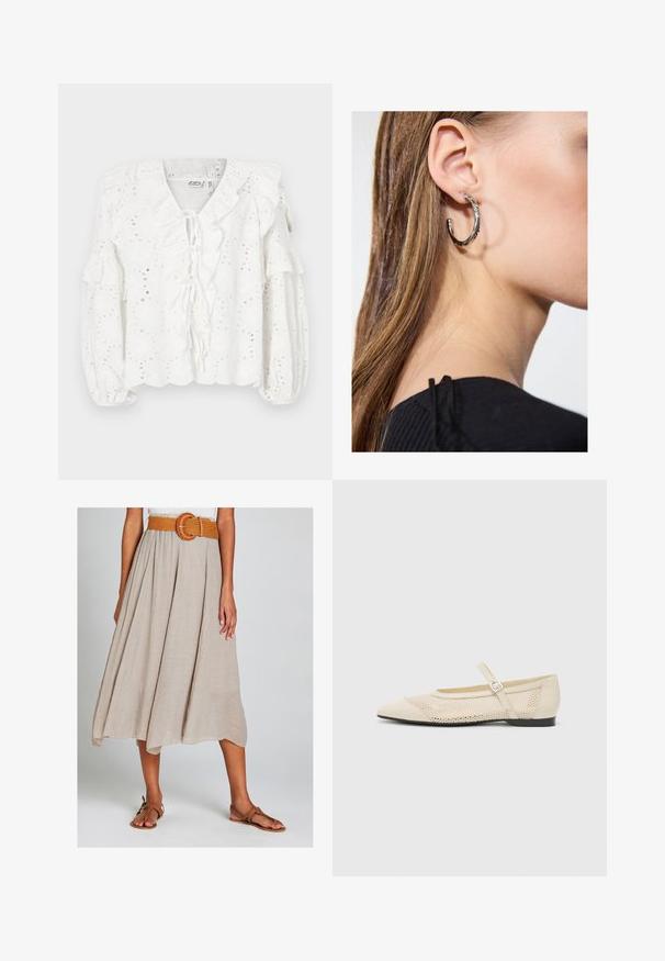 Hvid bluse lavet af hulmønster stof, med flæser ved halsen og ærmerne. Har en snøre lukning foran og en struktureret overflade.; Beige A-line midi nederdel lavet af tekstureret stof, med et flettet orange bælt med en cirkulær spænde og parret med brune flade sandaler.; Beige balletflader med spids tå, mesh design overlay og en side spænde. Flad sål med en glat tekstur.; Sølv hoop ørestik med en poleret overflade, prydet med små guld accenter og en rund form, båret på øreflippen.
