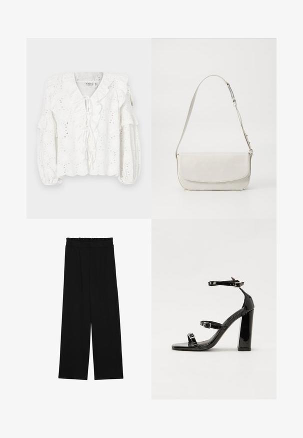 Balta blūze ar acu audumu, ar viļņotu apkakli un piedurknēm. Ietver saišu aizdari priekšpusē un teksturētu apdari.; Melnas platās bikses ar volangām jostasvietā, ar divām sānu kabatām un gludu, vieglu audumu. Nav redzamu rakstu vai aksesuāru.; Melnas lakotas augstpapēžu čības ar kvadrāta purngalu, potīšu siksniņām un sudraba sprādzēm. Aprīkotas ar masīvu bloku papēdi stabilitātei.; Balta ādas plecu soma ar gludu virsmu, taisnstūra formā, ar atloku aizdari un regulējamu siksnu. Vienkārša šuvju detaļa.