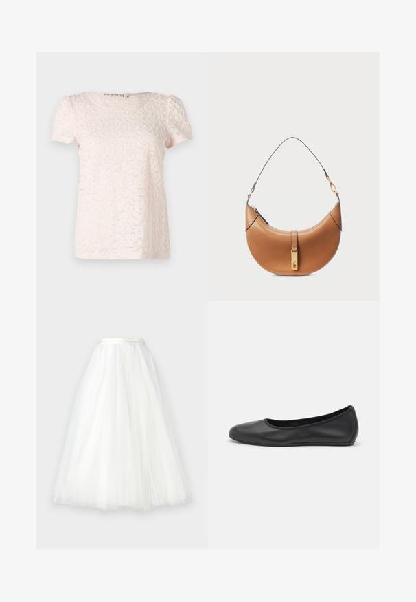 Light pink short-sleeve top featuring a textured, floral pattern and a round neckline. Made from a soft, delicate fabric.; Ida Sjöstedt NOVA  - Maxi skirt - ivory; Black leather ballet flat with a rounded toe, smooth texture, minimal stitching detail, and a flexible sole design.; Tan leather handbag with a curved shape, gold hardware, and a thin shoulder strap. Features a zipper closure and logo detail on the front.
