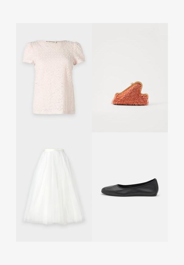 Helles rosa Kurzarmoberteil mit einem strukturierten, floralen Muster und einem Rundhalsausschnitt. Hergestellt aus einem weichen, zarten Stoff.; Ida Sjöstedt NOVA  - Maxirock - ivory; Schwarze Leder-Ballettschuhe mit abgerundeter Spitze, glatter Textur, minimalen Nähdetails und einem flexiblen Sohlen-Design.; Cult Gaia GIANA - Clutch - currant
