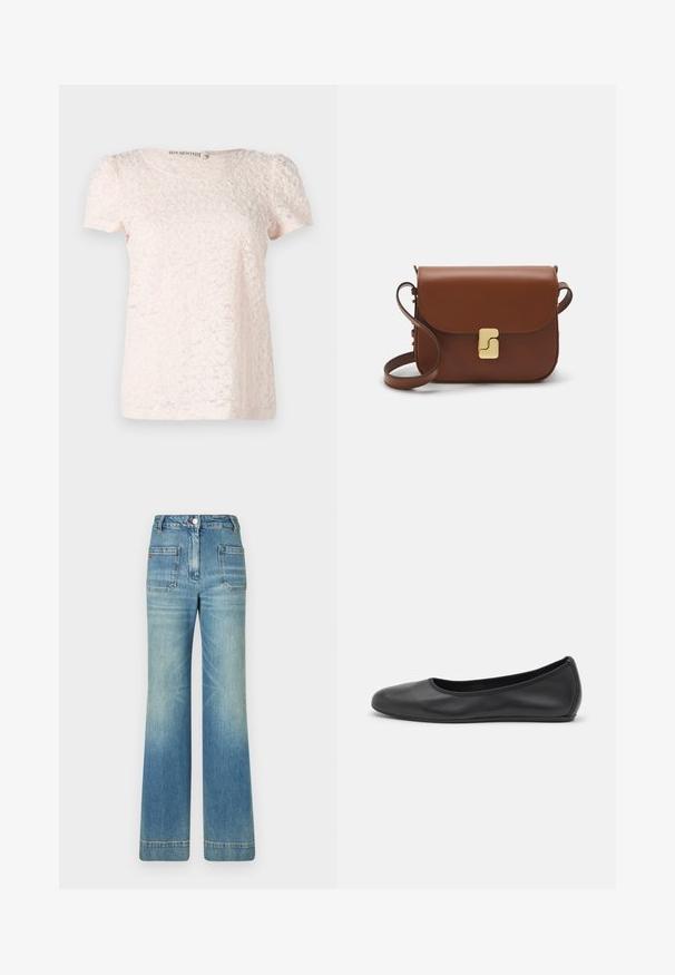 Gaiši rozā īsām piedurknēm tops ar teksturētu ziedu rakstu un apaļu kakla izgriezumu. Izgatavots no mīkstas, delikātas auduma.; Gaiši zili džinsi ar platām kājām, piecām kabatām, jostām, pogas aizdari un viegli nolietotu tekstūru, ar sarkanu logotipu uz aizmugures.; Melna ādas baleta kurpe ar noapaļotu purngalu, gludu tekstūru, minimālu šuvju detalizāciju un elastīgu zoles dizainu.; Bordo ādas rokas soma ar atloku, zeltītām detaļām, plecu siksnu un gludu virsmu. Kompakta, taisnstūrveida forma.