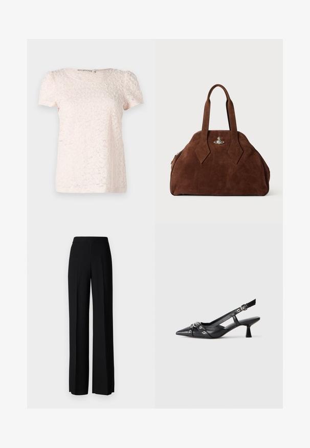 Jasnoróżowa bluzka z krótkim rękawem, zdobiona teksturowanym, kwiatowym wzorem i okrągłym dekoltem. Wykonana z miękkiego, delikatnego materiału.; Czarne spodnie o szerokim kroju, o gładkiej fakturze, z wysokim stanem i centralnymi kantami. Brak widocznych wzorów lub detali metalowych.; Czarne skórzane buty typu slingback z ostrym noskiem, ozdobnymi paskami z metalowymi oczkami oraz niskim klinowym obcasem. Teksturowana powierzchnia.; Brązowa torebka z zamszu o usztywnionym kształcie, zaokrąglonym korpusie i wydłużonych uchwytach w kształcie diamentu. Charakteryzuje się srebrnym zamknięciem.