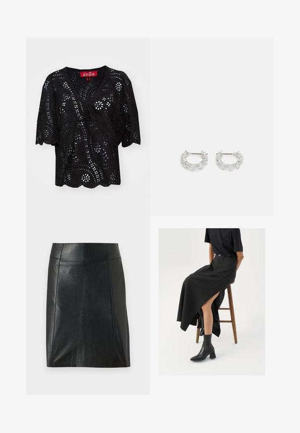 Blusa nera a maniche corte con scollatura a V, caratterizzata da motivi a fiori e foglie ritagliati, dettagli con cordoncino sul davanti e orlo scallop.; Gonna in pelle nera con un design aderente. Texture liscia, cuciture che delineano la forma e orlo dritto. Aspetto minimalista e slanciato.; Gonna maxi in lino nera con uno spacco alto, indossata con una t-shirt nera e stivaletti neri. Design minimalista con una vestibilità rilassata.; Orecchini a cerchio in argento con cristalli trasparenti, rettangolari e triangolari disposti in un design a motivi. presenza di perni per un fissaggio sicuro.