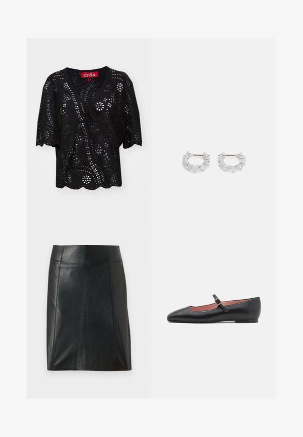 Black short-sleeve blouse with a V-neck, featuring cut-out floral and leaf patterns, a drawstring detail at the front, and scalloped hem.; Black leather skirt with a fitted design. Smooth texture, seams outlining shape, and a straight hem. Minimalistic and sleek appearance.; Black leather flat shoe with a pointed toe and ankle strap featuring a gold buckle. Smooth texture with a slightly glossy finish.; Silver hoop earrings featuring clear, rectangular and triangular crystals arranged in a patterned design. Posts for secure fastening.