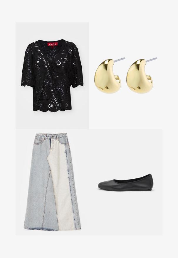 Blusa negra de manga corta con escote en V, con patrones cortados de flores y hojas, detalle con cordón en la parte delantera y dobladillo de pico.; Falda de mezclilla con un diseño de patchwork que presenta secciones en azul claro y medio, dobladillos deshilachados y cintura alta. Estilo clásico de cinco bolsillos.; Bailarina de piel negra con punta redondeada, textura suave, detalle de costura minimalista y diseño de suela flexible.; Pendientes de color dorado con una forma suave y redondeada, que cuentan con una superficie reflectante y un cierre de palanca para un uso seguro.
