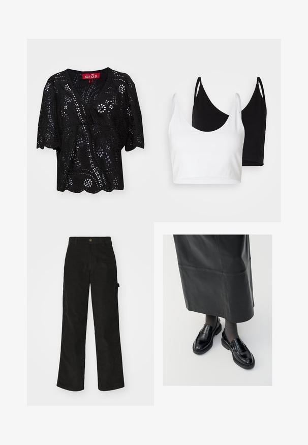 Bluză scurtă neagră cu mânecă scurtă și decolteu în V, având modele decupate cu flori și frunze, un detaliu cu șnur în față și tiv ondulat.; Două topuri din bumbac, unul alb și unul negru. Fiecare are un decolteu adânc și bretele subțiri, având o textură netedă și moale.; Pantaloni negri din fustă cu un design drept, având închidere cu buton și buzunare laterale. Textură netedă cu dungi verticale fine.; Loaferi negri din piele cu o finisare netedă, dotati cu o curea decorativă, vârf rotund și talpă texturată. Purtați cu o fustă lungă din piele neagră.