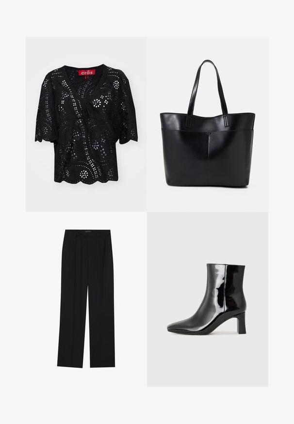 Must mustärgusti t-särk V-kaelusega, millel on lõikega lille- ja lehemustrid, ees joonistatav detail ja lainelise äärisega. ; Mustad püksid sirgjoonelise disainiga, millel on kaks esist taskut ja muudatus. Valmistatud siledast, kergekaalulisest kangast.; Must-sinine nahkjalats musta läikiva viimistlusega, millel on terav nina ja keskmise kõrgusega plokk konts. Sile tekstuur ja minimalistik disain.; Must mustaga musta nahast, millel on kaks pikka kanda, sile tekstuur ja struktureeritud kuju. Esipoolsel on lisakoti jaoks tasku.