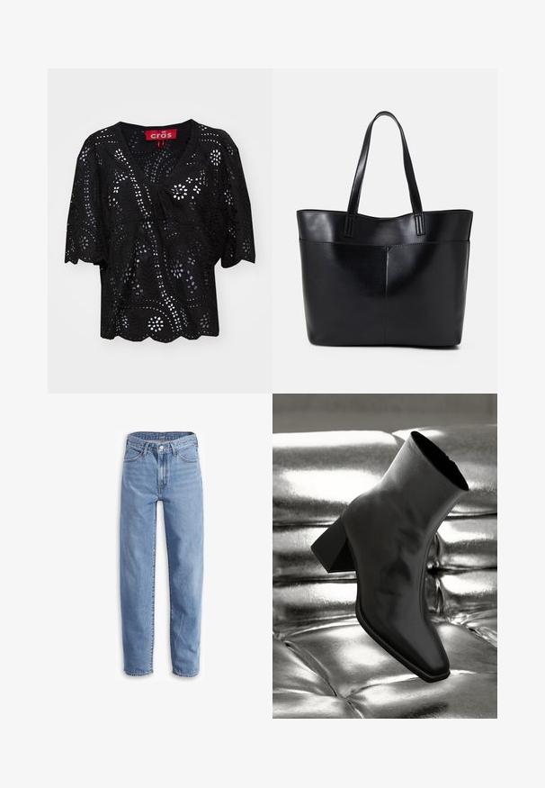 Črna kratka bluzica s kratkimi rokavi in V-izrezom, ki ima izrezljane cvetlične in listnate vzorce, detajl z vrvico spredaj ter valovit rob.; Svetlo modri traper hlače, sproščenega kroja, ravne nogavice, z načrtovanjem petih žepov in raztrganimi robovi za sproščen videz.; Črne gležnjarje iz sijočega materiala s kvadratnim prstom in zoženim peto, postavljene na sijoče srebrno oblazinjeno ozadje.; Črna usnjena torba z dvema dolgima ročajema, gladko teksturo in strukturirano obliko. Ima sprednji žep za dodatno shranjevanje.