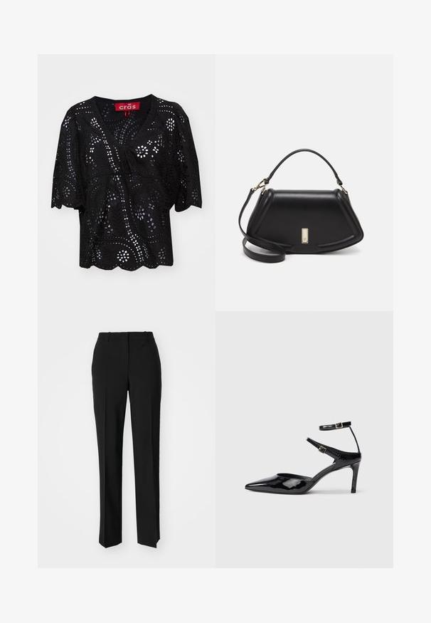 Musta lyhythihainen pusero V-kauluksella, jossa on leikattuja kukka- ja lehtikuviota, etupuolella nauhakiinnitys ja aallotettu helma.; Mustat räätälöidyt housut suoraa lahjetta, joissa on sileä pinta ja terävät taitteet edessä. Ei näkyvää metalliosaa.; Mustat lakatut korkokengät, joissa on terävä kärki, säädettävät nilkkahihnat ja hoikka korko. Suora pinta, joka näyttää kiiltävältä.; Mustalla nahkalaukulla, jossa on jämäkkä muotoilu, lyhyt malli, yläkahva ja kultaiset yksityiskohdat. Säädettävä olkahihna sisältyy.