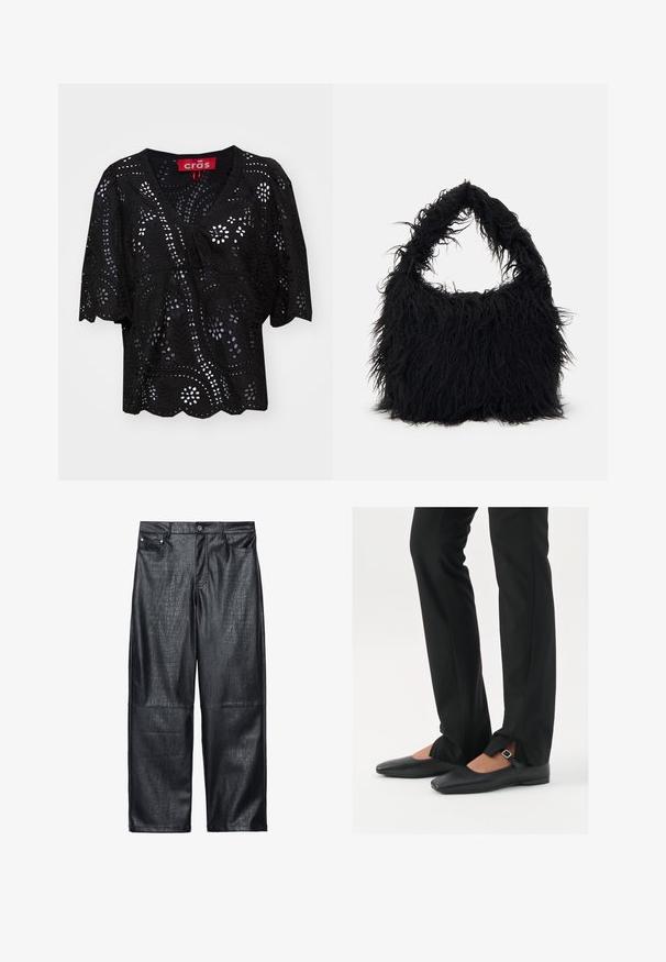 Melnā īsām piedurknēm blūze ar V-veida dekoltē, ar izgrieztiem ziedu un lapu rakstiem, priekšā ar saistāmu detaļu un viļņotu apakšmalu.; Melna mākslīgās ādas platā stila bikses ar krokodila tekstūru, tradicionālo piecu kabatu dizainu un sudraba toņa pogu un riņķu detaļām.; Melni ādas baleta zābaki ar smailo purngalu, siksniņa ar sudraba sprādzi, kombinēti ar melniem tailētiem biksēm ar šķēluma apakšdaļu.; Even&Odd Maisiņveida soma - black