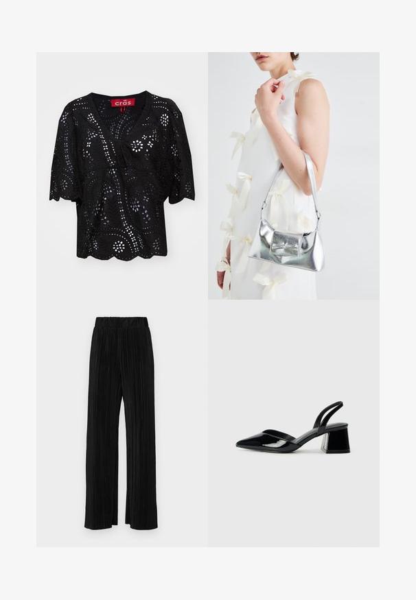 Svart kortermet bluse med V-hals, med utskjærte blomster- og bladmønstre, en snor detalj foran, og bølget kant.; Sorte plisserte bukser med elastisk midje. Har vide ben og et glatt, strukturert stoff med vertikale striper.; Svarte patentlær slingback hæler med spiss tå og geometrisk blokk hæl. Har et stilrent, minimalistisk design og jevn tekstur.; Sølvmetallisk håndveske med en strukturert form, med en topphåndtak og sløyfedetalj foran. Glatt tekstur, reflekterende overflate.