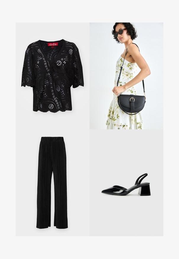 Sort kortærmet bluse med V-hals, med udskårne blomster- og bladmønstre, en snor detalje foran og bølget kant.; Sorte plisserede bukser med elastisk talje. Har brede ben og et glat, tekstureret stof med lodrette striber.; Sorte patentlæder slingback hæle med spids tå og en geometrisk blok hæl. Har et elegant, minimalistisk design og en glat tekstur.; Sort læderhåndtaske med en buet form, aftagelig rem og guldfinish. Tasken har en klap med en spænde detalje.