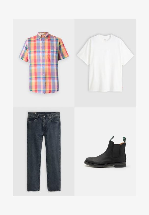 Kortermet skjorte i flerfarget rutemønster, med knapper, krage med knepping, og en enkelt brystlomme. Laget av lett materiale.; Hvit t-skjorte med korte ermer laget av bomull, med rund hals. Har diskret preget logo detalj foran og en rød etikett på kanten.; Mørkeblå denimjeans med rett ben-design, fem lommer og knappestang. Tøyet viser en subtil falming og tekstur.; Svarte semskede Chelsea-støvler med elastiske sidepaneler og løkke. Flat såle med lett tekstur, avrundet tå og minimal sømdetalj.