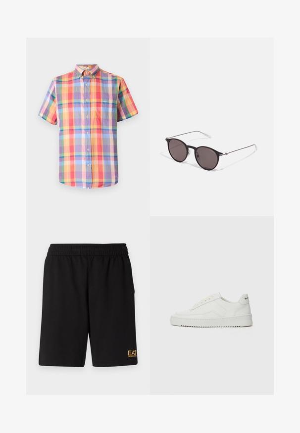 Korte mouw shirt in een multiculturele ruitenpatroon, met knopen, een button-down kraag en een enkele borstzak. Gemaakt van lichtgewicht stof.; Zwarte sportshorts van zacht materiaal, met een elastische tailleband en een klein geel EA7-logo op de onderste linkeronderbroek.; Witte leren sneaker met een gladde afwerking, ronde neus, platte veters en een gestructureerde zool. Kenmerkt zich door een subtiel logo op de hiel.; Zwarte ronde zonnebril met donkere lenzen en slanke metalen armen. Inclusief heldere tempelpunten en zilveren accenten bij de scharnier. Minimalistisch ontwerp.
